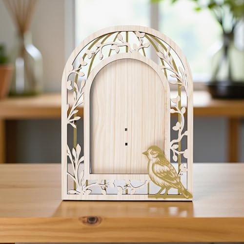 Image of Arch Shape Wooden Photo Frame with Laser Cut Bird Border, Decorative Picture Frame with Clear Acrylic Front, Wall & Tabletop Photo Frame for Home Decor, Birthday, Anniversary & Housewarming Gift -23 CM *15 CM