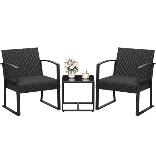 Homall Resin 3 Pieces Patio Furniture Set, Outdoor Bistro Set with Cushions and Glass Table, Conversation Set Rattan Chair for Porch, Balcony, Poolside, Garden (Black)