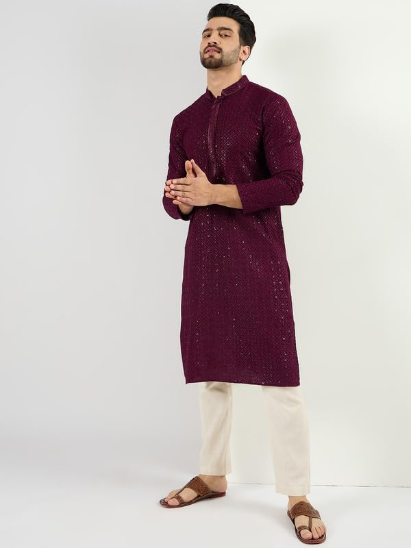 Image of Men's Solid Embroidered Long Straight Kurta | Men's Kurta | Embroidered Chikankari Kurta for Men | Straight Fit Kurta for Men