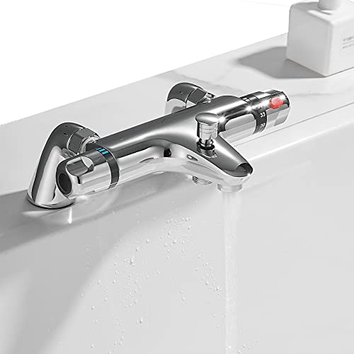 Thermostatic Bath Shower Mixer Valve Deck Mounted with Legs, Solid Brass Body Chrome Plated, Easy to Control Water Flow and Temperature from 30-45°C, Safety Button Temperature 38°C