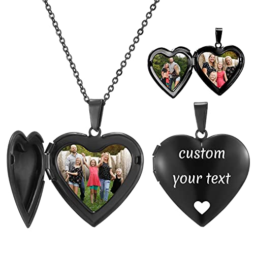 Phocksin Black Glossy Personalized Heart Locket Necklace Custom Photo Locket Necklace For Women Picture Locket Pendant Necklace Engraved Any Text & Symbols Customized Lockets #TOP7