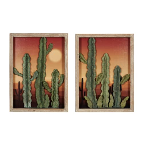 Touch Of Class Desert At Sunset Southwest Cactus Wall Art Set Of Two, 3D Metal And Wood Hanging Decor - Cacti In Front Of Majestic Framed Desert Print - Southwestern Landscape Style Sculpture #TOP4