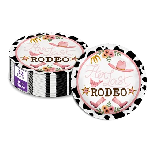 Birthday Galore Her Last Rodeo Cowgirl Party Supplies - 32 Piece Bachelorette Disposable Tableware - Cowgirl Bridal Shower Plates - Large 9" Paper Plates for Her Graduation