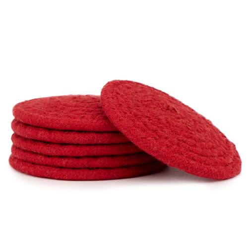 Image of Encasa XO Drink Coasters Set of 6 | Red with Round (9 cm) | Handcrafted Ribbed Cotton | Absorbent & Heat-Resistant | Use for Tea, Coffee Table & Desk
