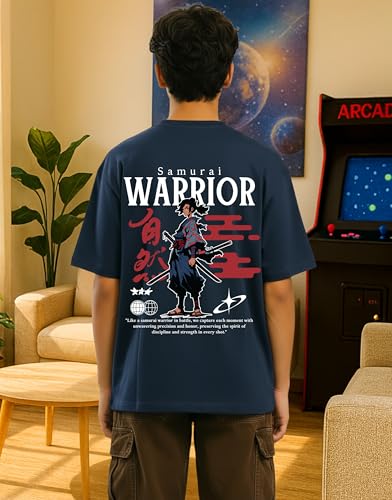 Image of Samurai Warrior Oversized T-Shirt for Kids 4-17 Years | Anime Samurai Front & Back Print | Boys & Girls Cotton Casual Tee