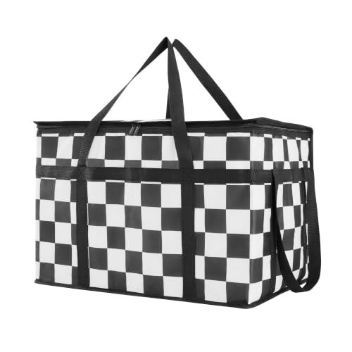 Ralxion Checkered Insulated Food Delivery Bag, Black and White Checkerboard Pizza Bags, Catering Bags for Food Delivery, Large Reusable Grocery Bag, Food Warmer Cooler Bag