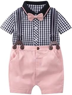 طقم ملابس جنتل مان للأولاد الصغار، قميص صيفي قصير + ربطة عنق + مريلة وبنطلون، أزرق، (2-3 سنوات)