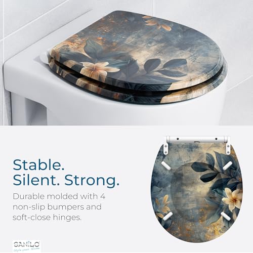 Image of Sanilo Wooden Toilet Seat with Quick Release & Soft Close [ROUND] - Decorative & Slow Close Molded Wood Seat - With One Click for Easy Installation & Cleaning - With Adjustable Fit (Lilybud)