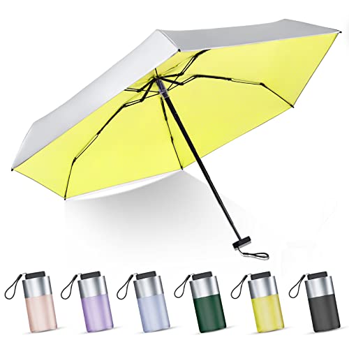 LEAGERA Mini Umbrella For Purse - UPF 50+ UV Blocker Umbrella, Small Lightweight Travel Umbrella Compact Sun Umbrella, Women Kids Parasol Umbrellas, Silver&Yellow