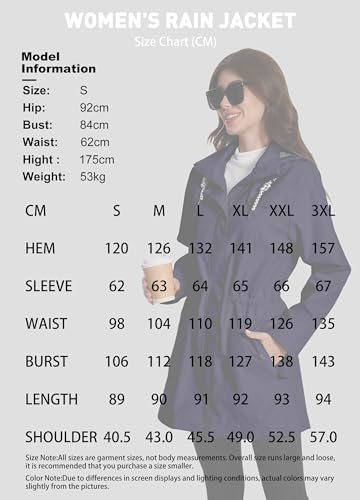 ATLASLAVA Regenjacke Damen Lang Wasserdicht Kapuze Regenmantel übergangsjacke Trenchcoat Outdoor Mantel Navy Blau M