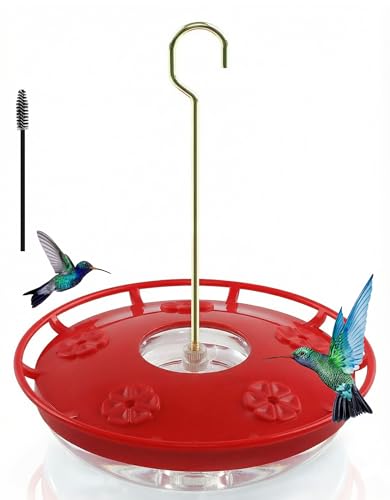 FEED GARDEN 16oz Hummingbird Feeder for Outdoors - Leak-Proof Disc Design with Built-in Ant Moat, 5 Feeding Ports, Wide Mouth Easy Clean & Refill, Red Hanging Feeder for Garden