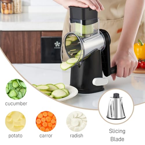 Weltonhm Rotary Cheese Graters with 4 Blades, Hand Crank Cheese Grater with Waffle Slicer, Black and White Cheese Shredder with Suction Base, Easier for Shredding & Grating (Black, 4 Graters) — view 4