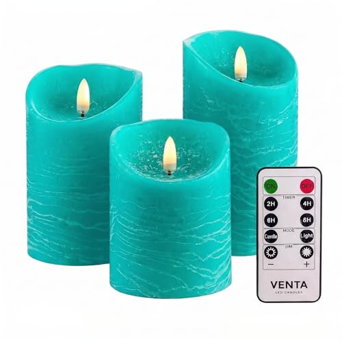 VENTA Turquoise Real Wax Flameless Candles, Set of 3 | Realistic Teal LED Pillar Candles with Remote & Timer | Perfect for Coastal, Beach House & Nautical Decor