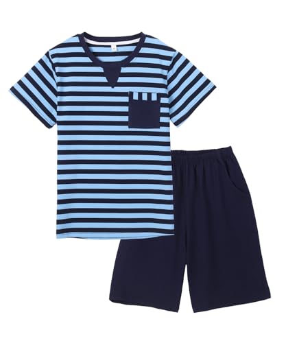 Leisure Home Big Boys Fashion Strips Loose Cotton Pajama Set Pants Shorts Top Sleepwear 8-17Years
