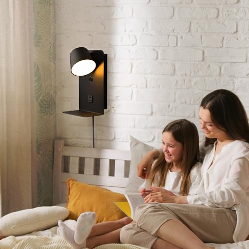 Image of DEC LUCE DECOLUCE LIGHTING Modern LED Plug in Wall Sconce, Dimmable Wireless Wall Light Fixtures with Shelf and USB Port, 6W,600LM, Rotatable Small Reading Wall Lamp for Bedroom Bedside, Black