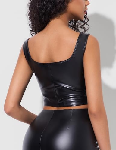 MD FootThera Women's PU Leather Zip Up Crop Vest Top Sleeveless Square Neck Slim Fit Tank Top (Small, Black) — view 3