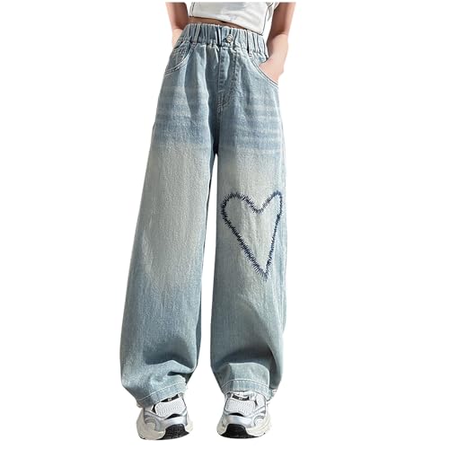 Girls Jeans Pants Heart Print Vintage Washed Wide Leg Baggy Denim Pants Streetwear Tween High Elastic Waisted Jeans
