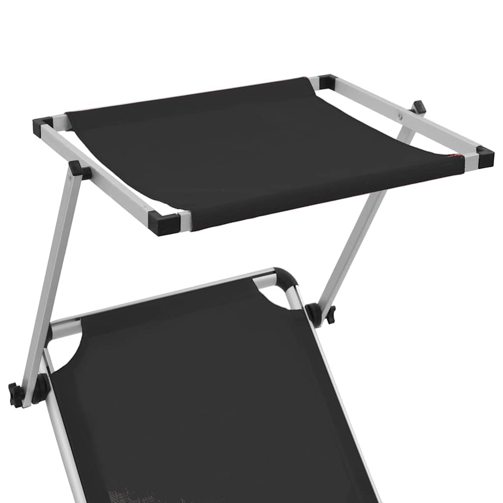 Leżak składany z ochroną przed słońcem, aluminium i tekstylen czarny, regulowane oparcie, składany, ergonomiczny, do ogrodu, na taras, balkon i do relaksu na świeżym powietrzu