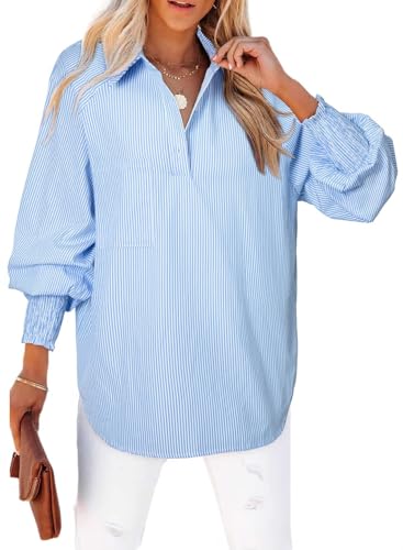 Astylish Women 2025 Fine Striped Smocked Cuffed Henley Shirts Long Sleeve Collared Blouse Tops with Pocket