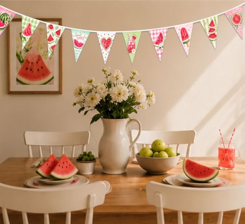 Image of Watermelon Summer Pennant Banner, 12 Pastel Watercolor Triangle Flags, Fabric Hanging Garland with Black Rope, Ready to Hang for Summer Party, Birthday, BBQ, Picnic, Baby Shower, Pool Party Decor