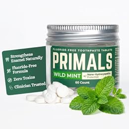 PRIMALS Fluoride-Free Toothpaste Tablets - Nano Hydroxyapatite - Zero Artificial Flavors or Plastic - Remineralizes & Whitens Teeth - 60 Count (1 Month Supply)
