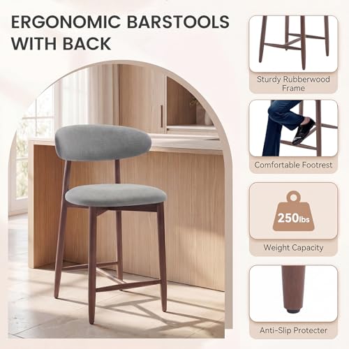Image of MALOL Counter Height Bar Stools Set of 2, Kitchen Bar Stools with Back, Mid Century Modern Upholstered Barstools with Wood Legs for Kitchen Island Dining Room, Light Grey
