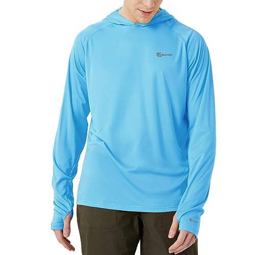 Men's Standard UPF 50+ Hoodie Rash Guard Shirt Long Sleeve with Thumb Holes Moisture Wicking Quick Dry Fishing Running Hiking, Blue, Small