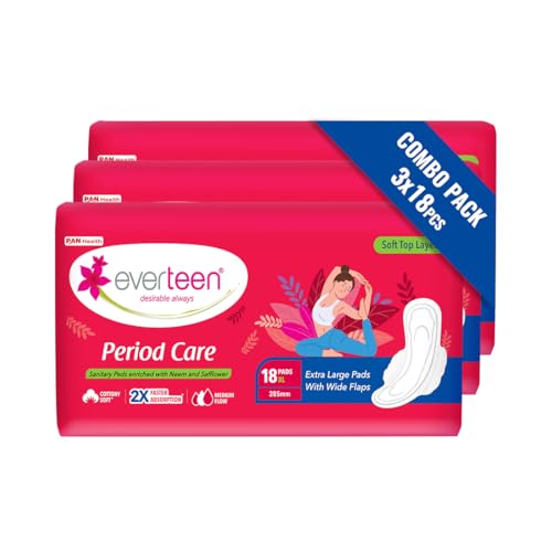 Image of everteen Soft XL - 54 Sanitary Pads for Women, 285mm Cotton Sanitary Napkin X-Large, Suitable for Medium Flow, Prevents Wetness & Leakage, Deep Absorption - Pack of 3