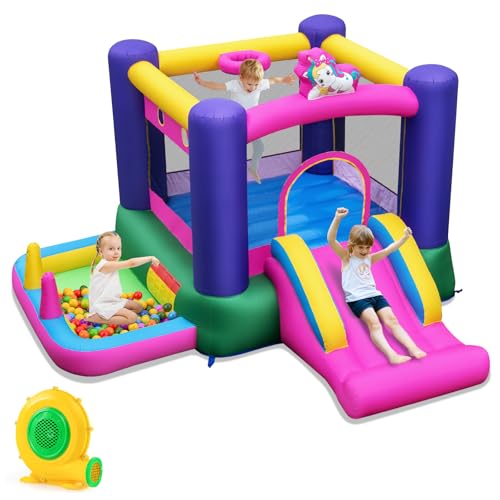 GYMAX Kids Bouncy Castle, Inflatable Jumping House with Slide, Ball Pit Area and Basketball Hoop, Children Bounce Playhouse for Outdoor Indoor (Unicorn with 480W Blower)