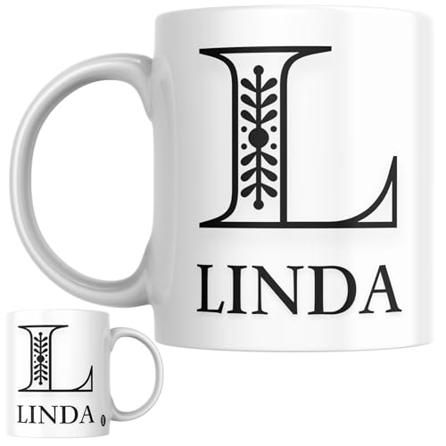 Designs of note! Linda Personalised Initial Name Mug | Letter L Decorative Coffee Cup for Her | Novelty Elegant Gift for Women or Girls Called Linda