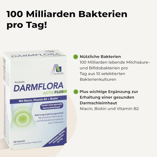 Avitale Darmflora Aktiv Plus mit 100 Mrd. Milchsäure– & Bifidobakterien aus 10 selektierten Stämmen und Vitamin A, B1, B2, B6, Biotin, Folsäure & Niacin, 80 Kapseln