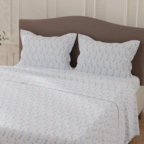 Image of Layers 100% Cotton Bedsheet for Double Size Bed | Lumina Floret Collection | 144 TC Soft & Breathable | Floral Print with 2 Pillow Covers | Wrinkle Free & Colorfast | 3 Piece Bedding Set - Blue