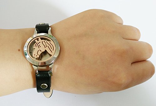 Senfai Horse Bracelet Aromatherapy Stainless Steel Locket Bangle Genuine Leather Band(Black Band + Rose Gold Face 3) #TOP1