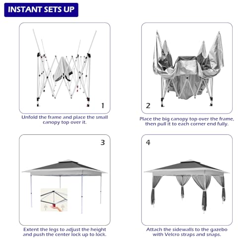 OUTFINE 12’x12’ Top 10’x10’ Base Gazebo Outdoor Pop up Canopy Tent with Curtains and Shelter for Patio, Party & Backyard (Grey, 12 * 12FT) - Image 5