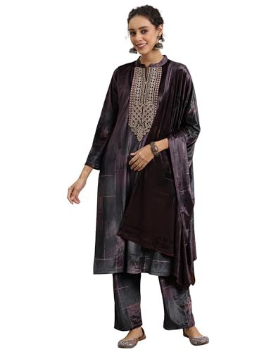 Image of Libas Printed Velvet Straight Kurta with Trouser & Dupatta | Ethnic Wear |Wedding Dress | Ocassion Wear