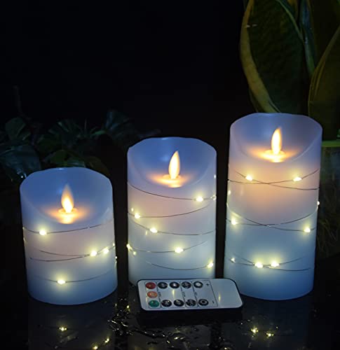 Blaue flammenlose Kerze mit eingebetteter Lichterkette, 3 LED-Kerzen, 10-Tasten-Fernbedienung, 24-Stunden-Timer-Funktion, blinkend, solides Wachs, batteriebetrieben (Himmelblau) Cover