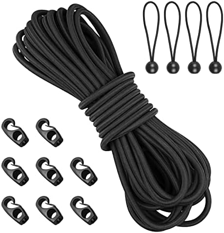 Bungee Shock Cord,Elastic Rope,Bungee Straps,Kayak Elastic Cord,Marine Grade Shock Cord Ends,Kayak Bungee Cord Replacement Kit,Stretch String with Hooks& Bungees Ball Cords - 1/5'' x 19.6ft, Black