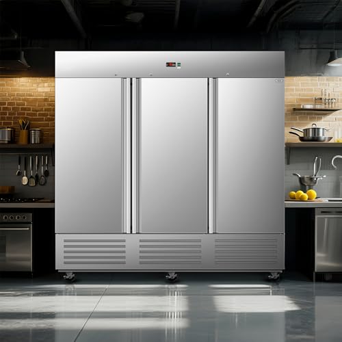 Image of 81 inch W Commercial Upright Freezer with Three-Door: 72 Cubic Feet Storage, Adjustable Shelving, Automatic Defrosting, Precision Digital Thermostat, LED Lights, Safety Locks