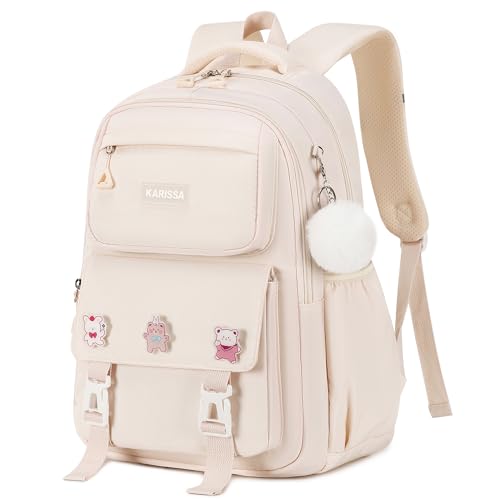 QHRIDS Girls Backpack Aesthetic Laptop Backpacks Kawaii Large Bookbag Anime Casual Travel Daypack,Beige