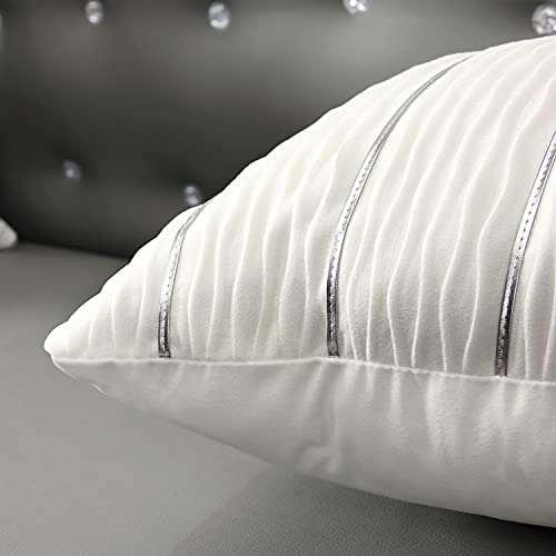 Sunbeauty Pillow Covers 18X18 Set Of 2 White Cushion Covers Velvet Decorative Square Throw Pillow Covers With Silver Pu Trimming For Couch Sofa Bedroom Living Room #TOP2