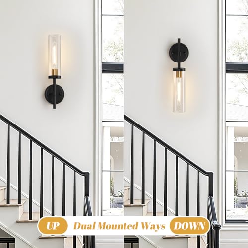 Image of MOKATNG Hardwired Wall Sconces, Black and Gold Bathroom Sconces with Clear Glass, Modern Wall Light Fixtures for Bathroom Mirror Vanity, Living Room, Bedroom, Hallway, Stairway, Cabinet, Foyer