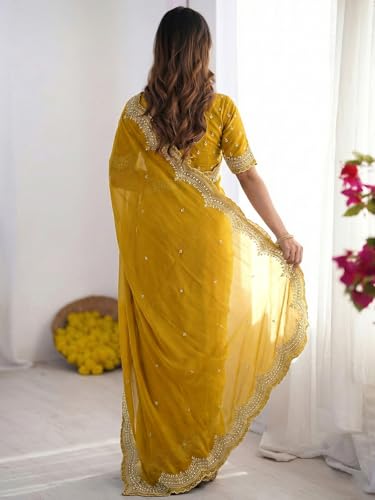 Image of SIRIL Women's Shimmer Georgette Scalloped Border Sequins Embroidery Saree with Unstitched Blouse Piece