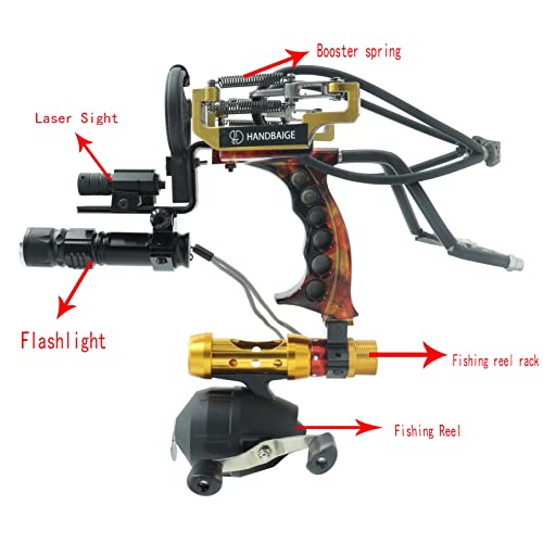 Handbaige Powerful Fishing Slingshot Outdoor Catapult Archery Slingbow Arrows Ammo 2 In1 Slingshot With Arrow Brush,Fishing Reel,Fishing Reel Rack,Flashlight,4 Replacement Bands #TOP4