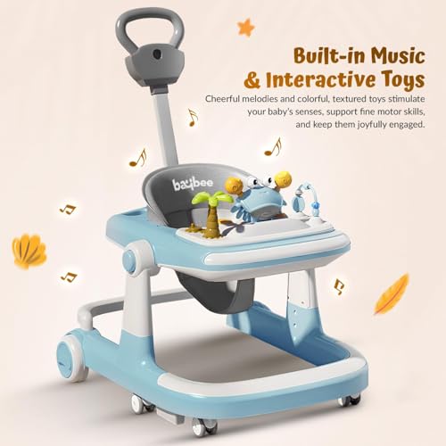 Image of Baybee 3 in 1 Baby Walker for 6-18 Month Baby Boy Girl, Push Walker for Kids with Parental Handle & Height Adjustable Toddler Activity Walker with Musical Bar (Blue)