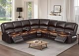 Yolsali Manual Reclining Sectional Sofa Set, 7 Seats Soft Leather Recliner Corner Sectional Couch, Family-Sized L-Shaped Recliner Couch with USB Charging, Thickened Padding, Sturdy Frame, Brown