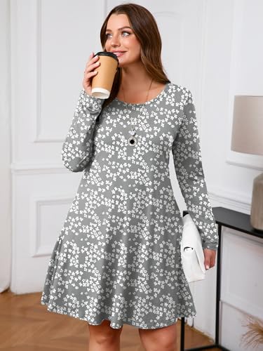 Image of AusLook Women's Plus Midi Dress Long Sleeve Crew Neck A-Line Swing Flowy Vacation Fall Wedding Guest Dresses with Pocket 1-5X