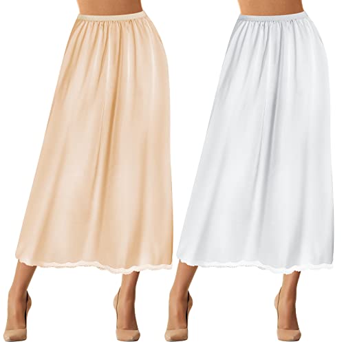Lot de 2 Jupons Longs en Dentelle pour Femme en Satin, Beige, Medium