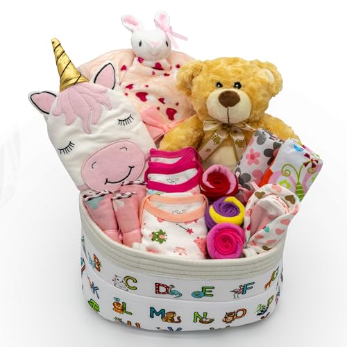 Joyful Arrival - Canasta de regalo de lujo para niña, juego de canastilla para bebé con 20 piezas de artículos esenciales para bebé y bolsa de pañales de lona, juego de regalo para futuras mamás y