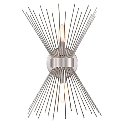Adcssynd Wall Sconces, Brushed Nickel Bathroom Light Fixtures 2-Lights, Mid-Century Modern Sconces Wall Lighting, Sunburst Brushed Nickel Vanity Light for Bathroom, Bedroom, Fireplace, Stairwell