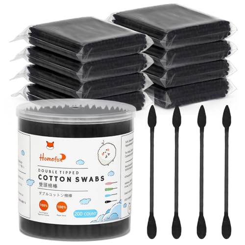 Image of Black Cotton Swabs Precision Pointed - 1000 Count with 1 Container Organic Pointy Cotton Bud Double Side Tight Wounded Charcoal Cotton Tip Paper Stick Soft Lint-Free Pointy & Round (Black)